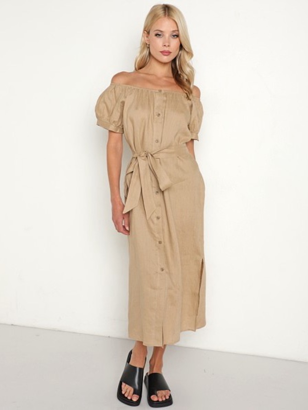 Eberjey Harper Linen Button-Front Midi Dress in Tan